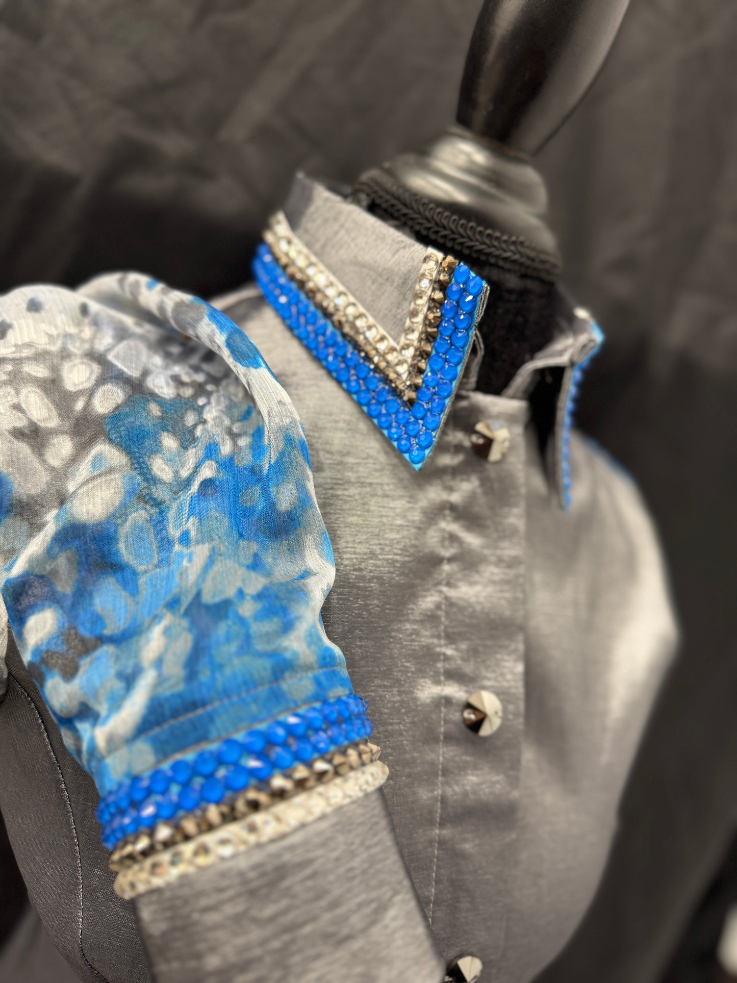 Large Charcoal Blinged Taffeta Shirt With Sheer Sleeves