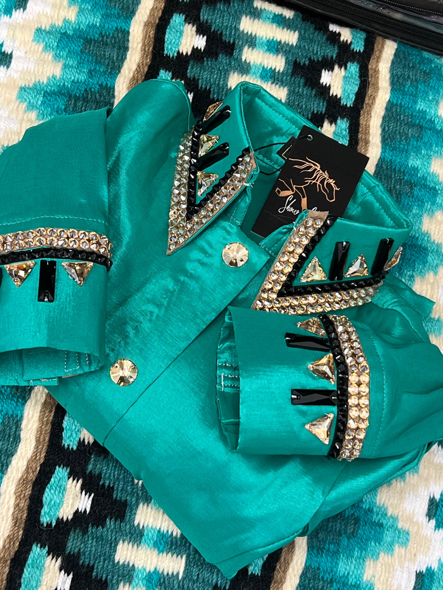 Small Bright Teal Blinged Taffeta Shirt