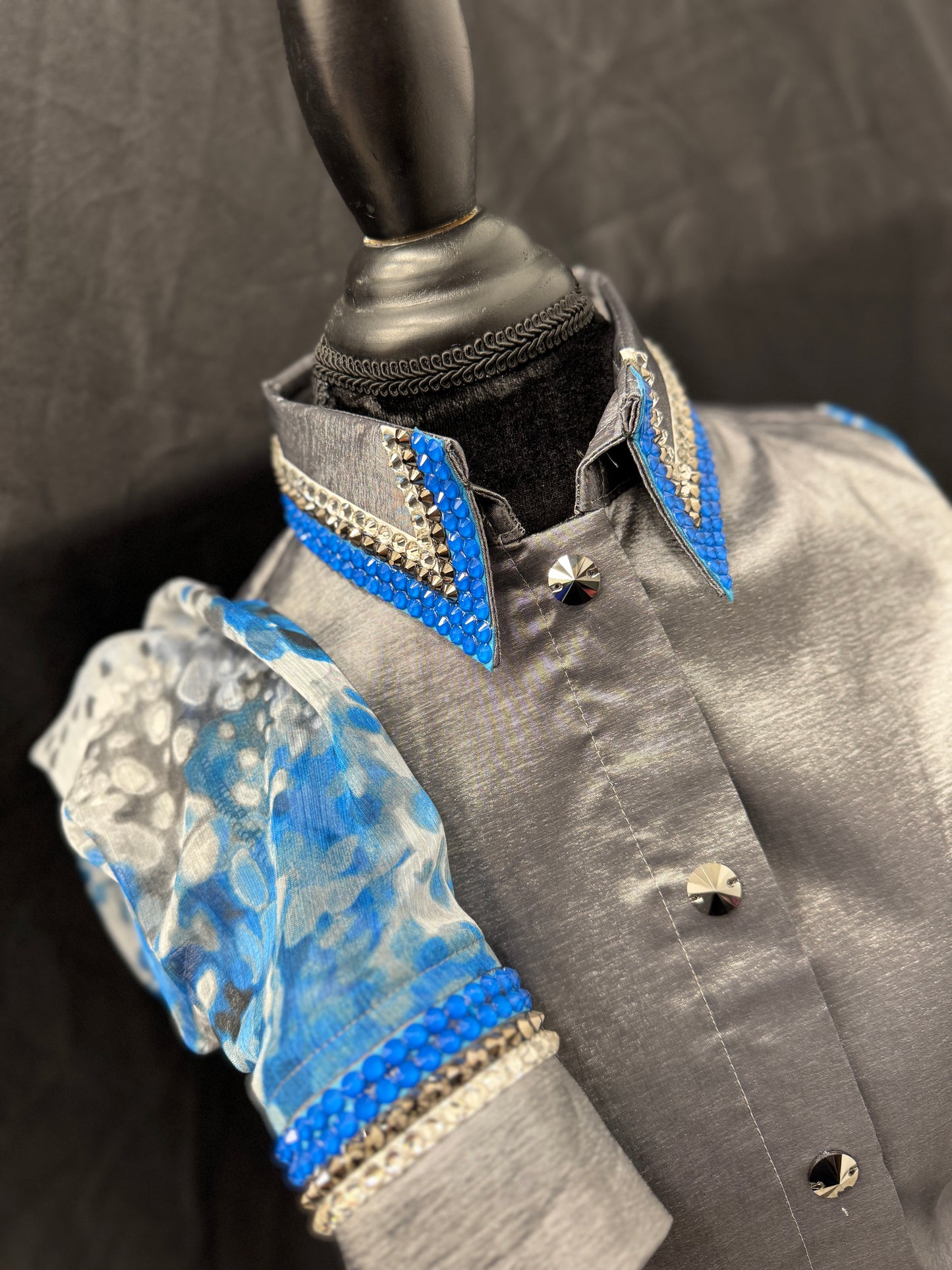 Large Charcoal Blinged Taffeta Shirt With Sheer Sleeves