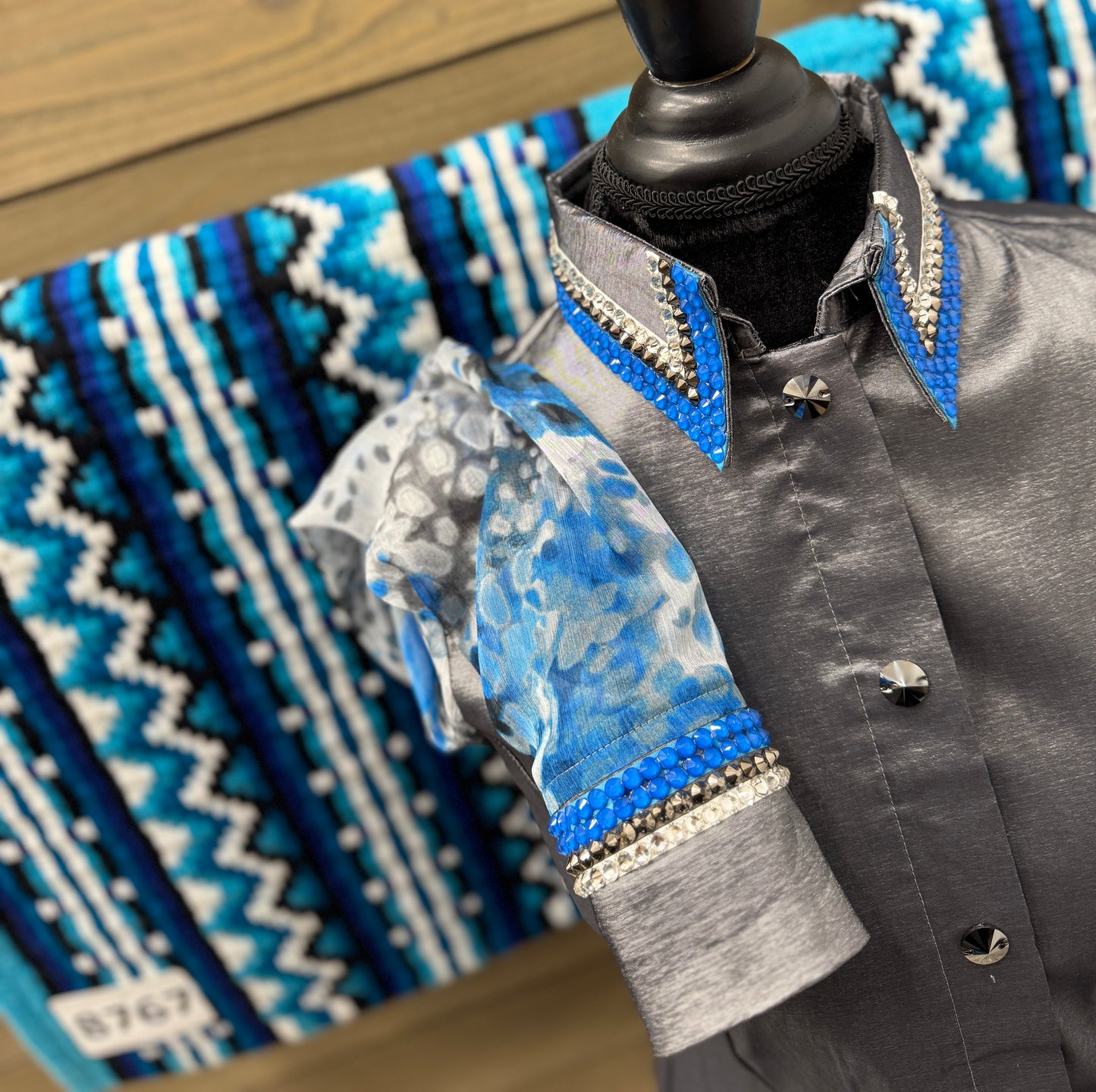 Large Charcoal Blinged Taffeta Shirt With Sheer Sleeves