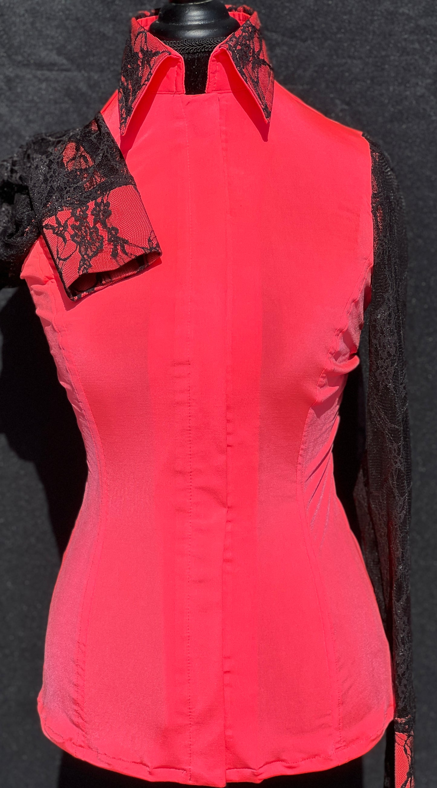 Neon Coral Lace Sleeve Hidden Zipper Light Weight Fitted Shirt