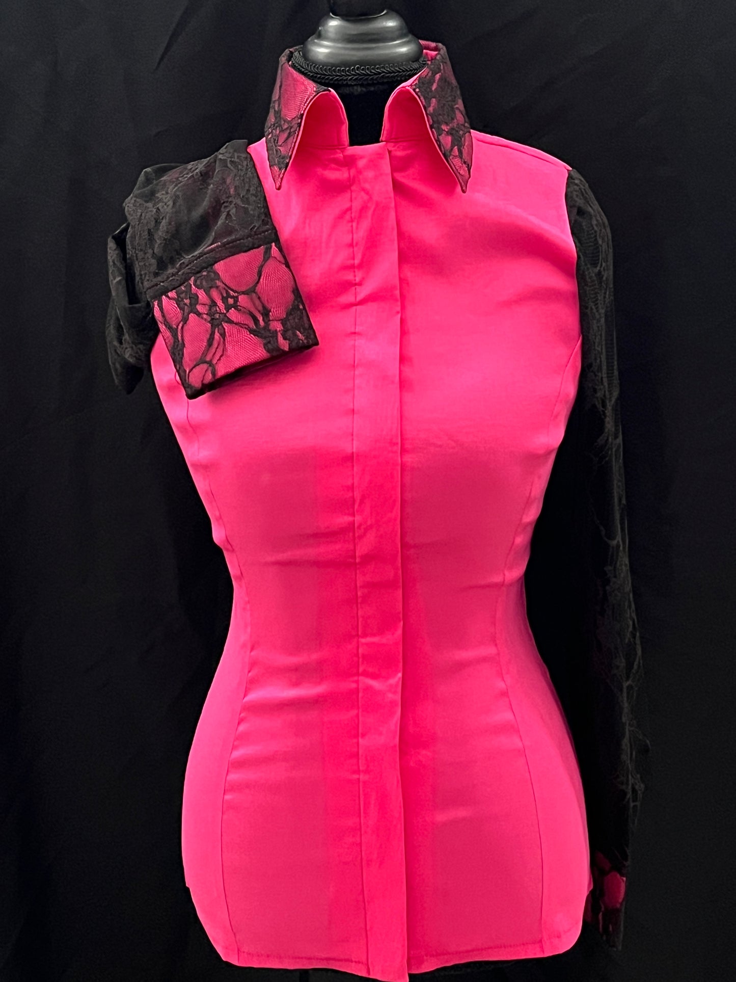 Timeless Bright Pink Black Lace Taffeta Shirt