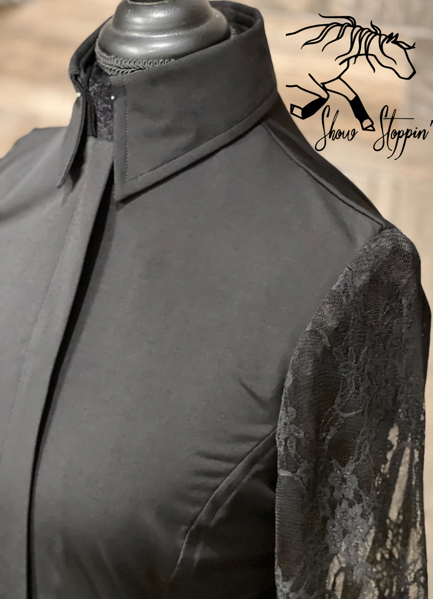 Black Lace Sleeve Hidden Zipper Light Weight Fitted Shirt