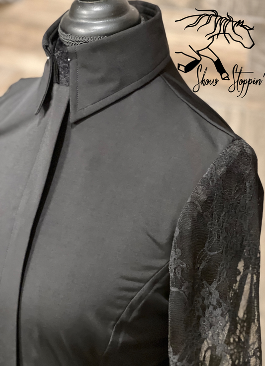 Black Lace Sleeve Hidden Zipper Light Weight Fitted Shirt