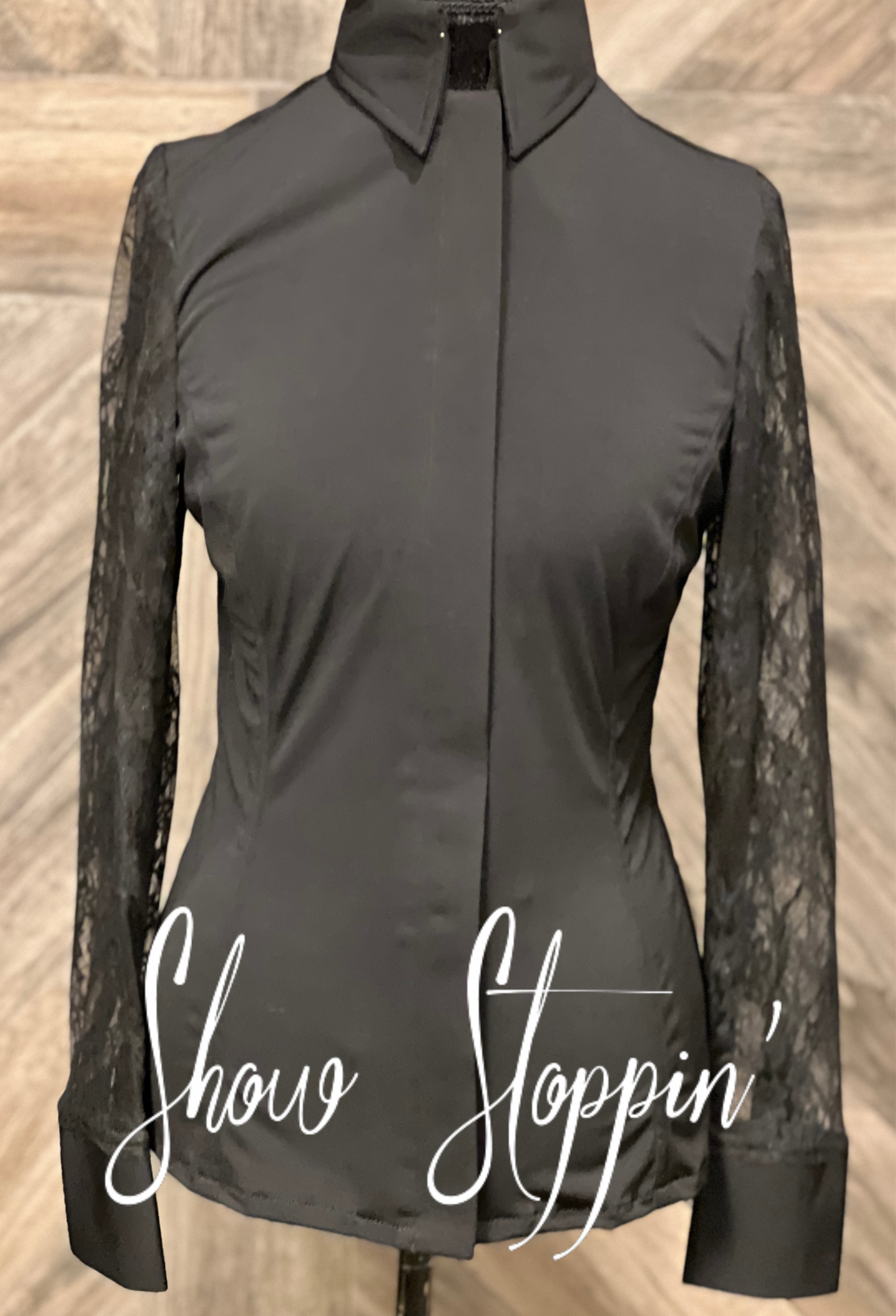 Black Lace Sleeve Hidden Zipper Light Weight Fitted Shirt