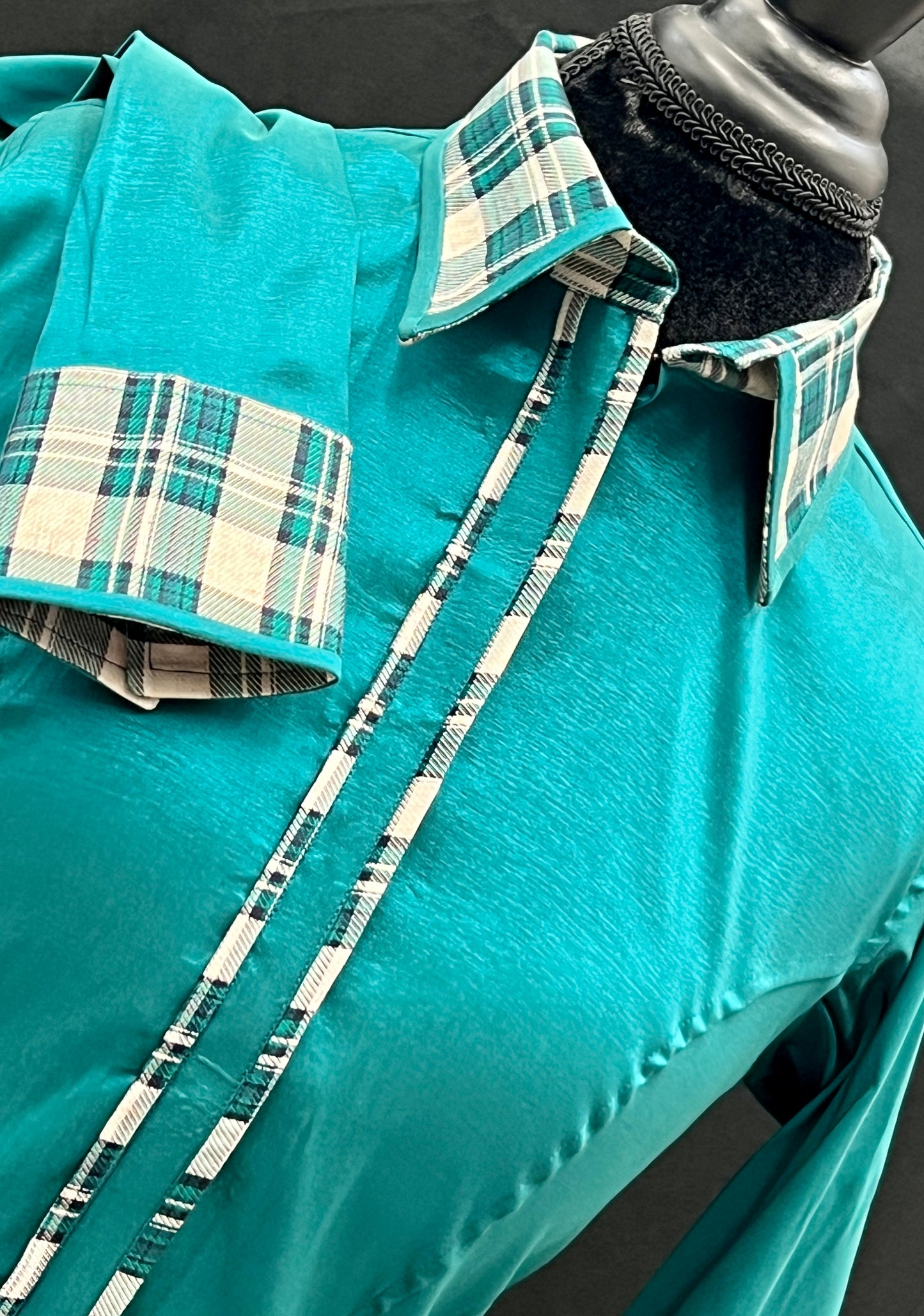 Stretch Taffeta Teal Plaid Accent