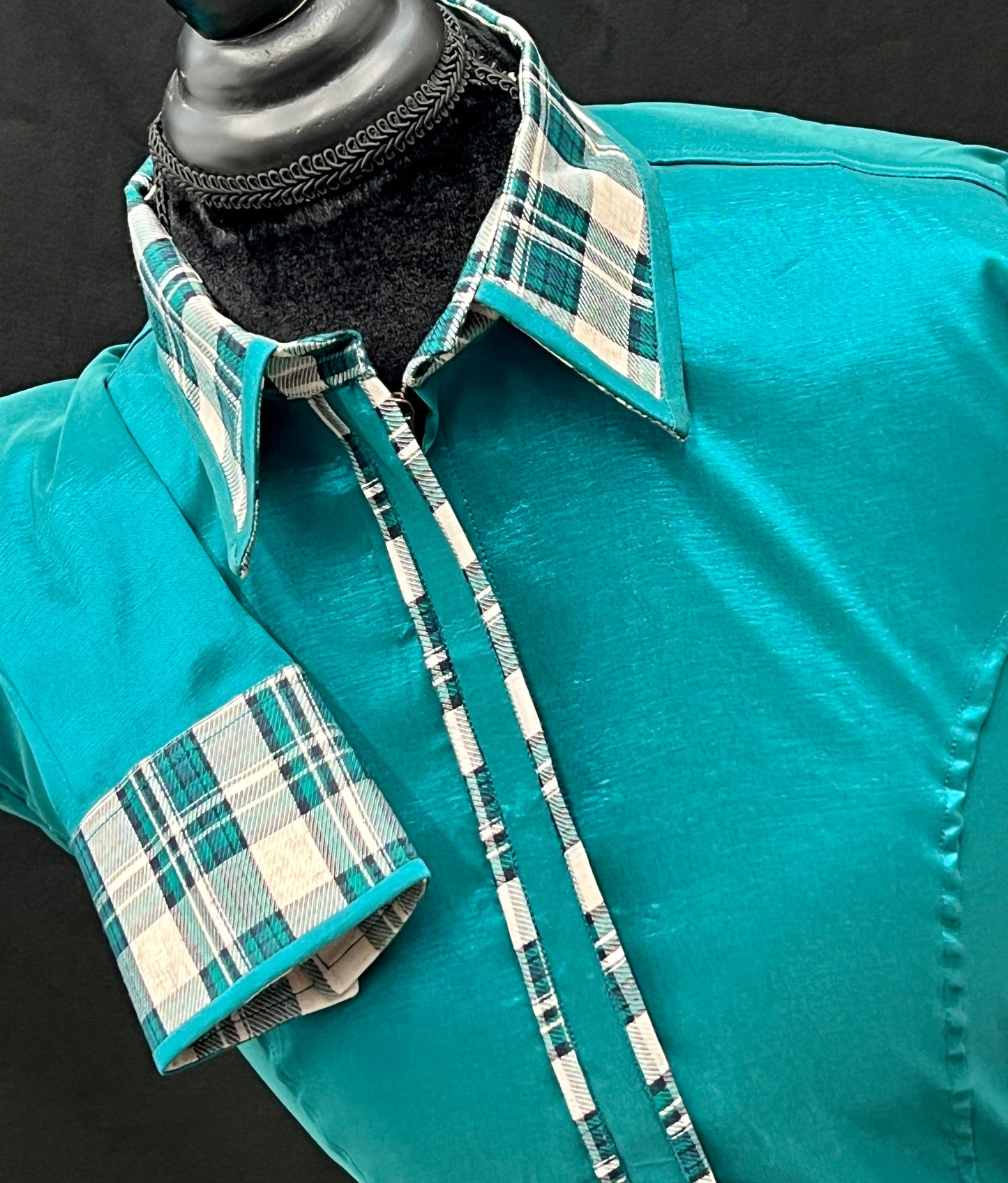Stretch Taffeta Teal Plaid Accent