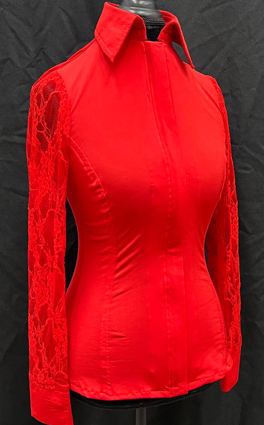 Red Lace Sleeve Hidden Zipper Light Weight Fitted Shirt