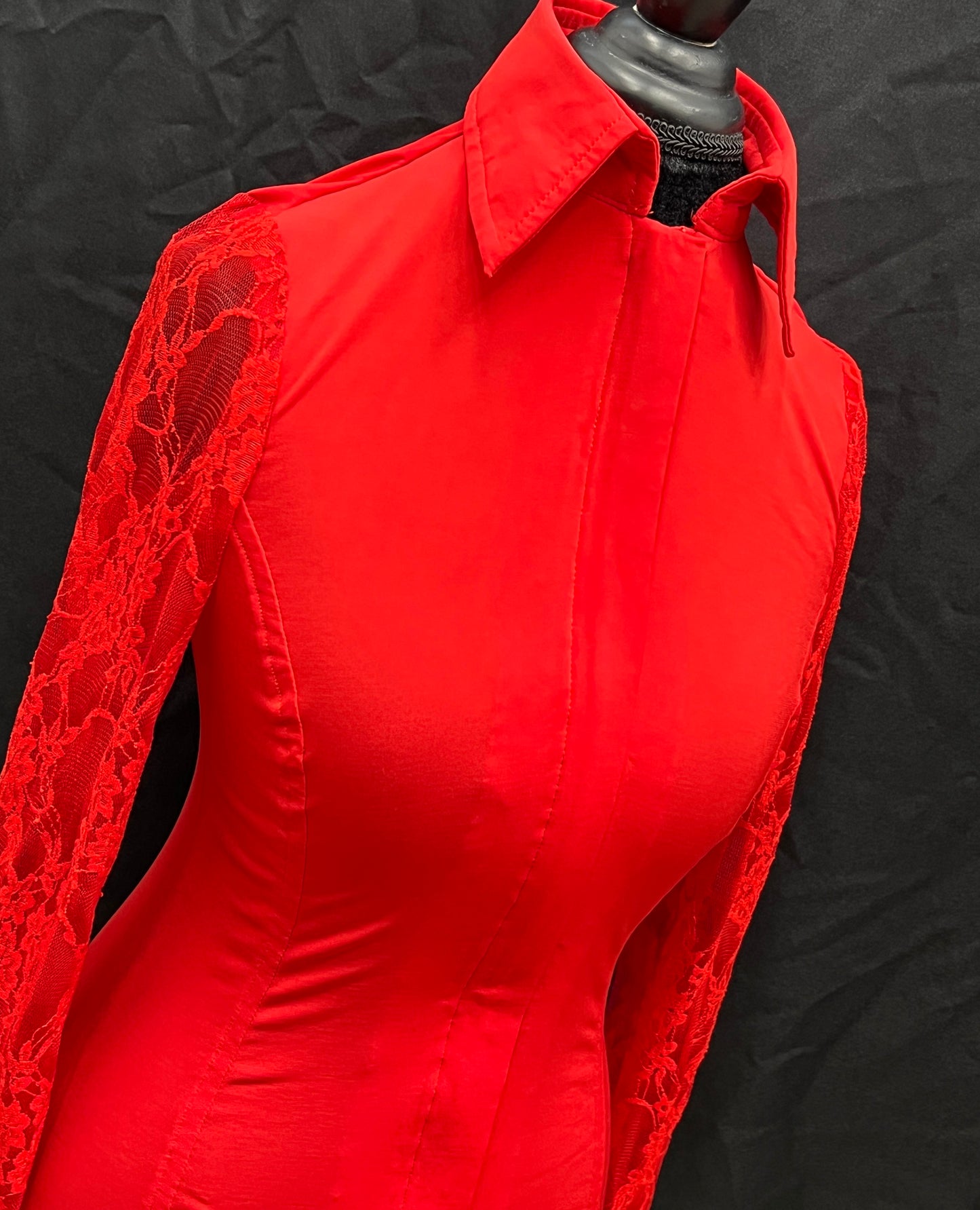 Red Lace Sleeve Hidden Zipper Light Weight Fitted Shirt