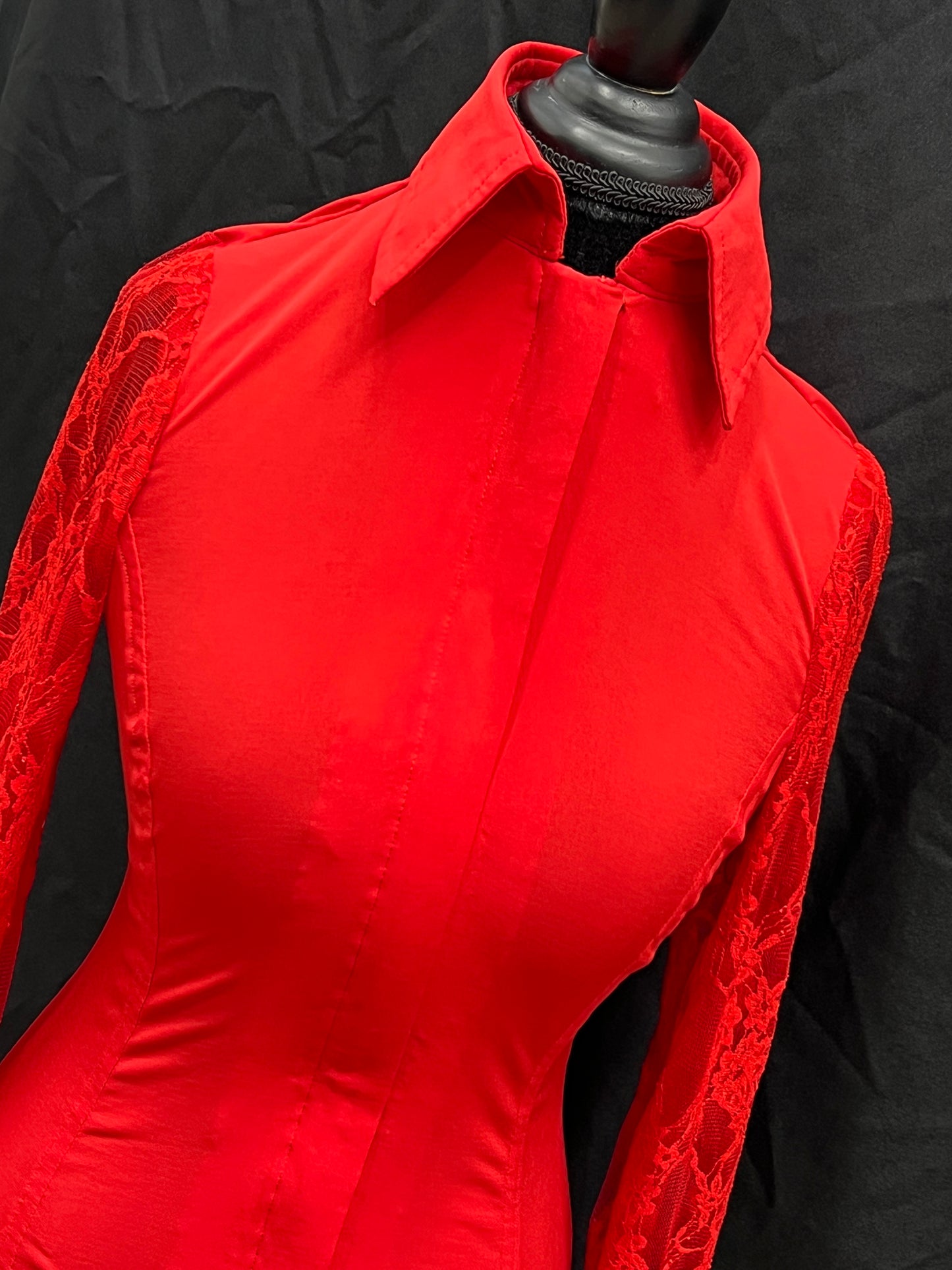 Red Lace Sleeve Hidden Zipper Light Weight Fitted Shirt