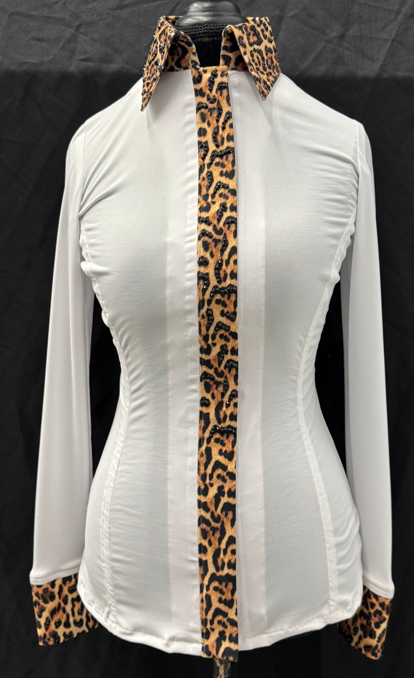 Small White leopard bling Hidden Zipper Light Weight Fitted Shirt