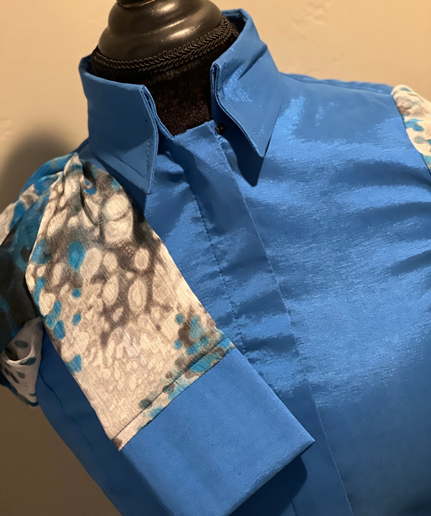 Timeless Azure Blue Sheer Sleeve Taffeta Shirt