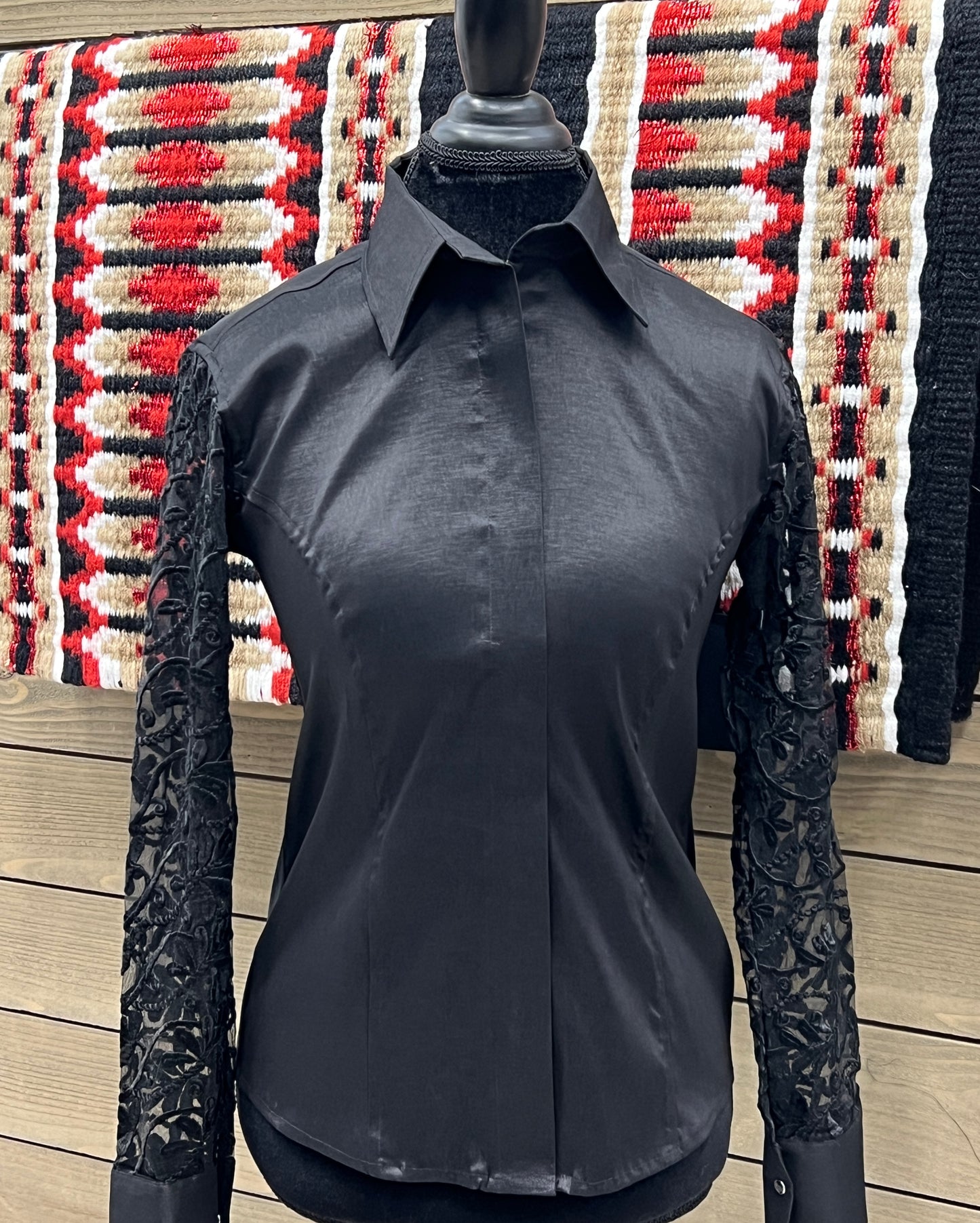 Stretch Taffeta Black on Black Sheer Sleeve