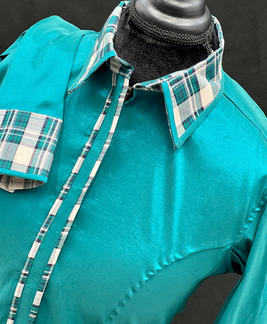 Stretch Taffeta Teal Plaid Accent